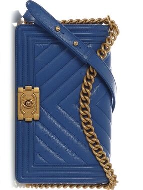 Authentic CHANEL Old Medium Boy Bag, Chevron-Quilted Caviar Leather, Cobalt—2024